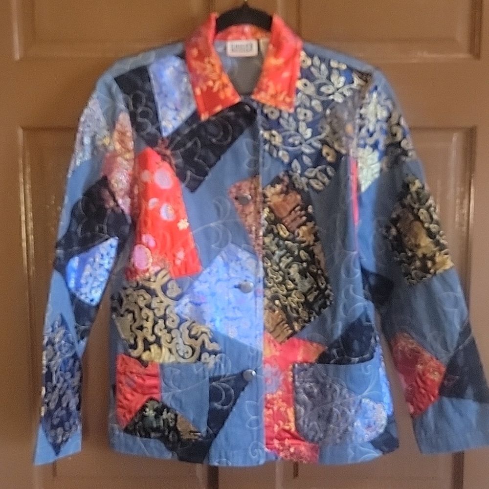 Chico's-Denim patched jacket with red & royal colors, buttoned down front S=6 .